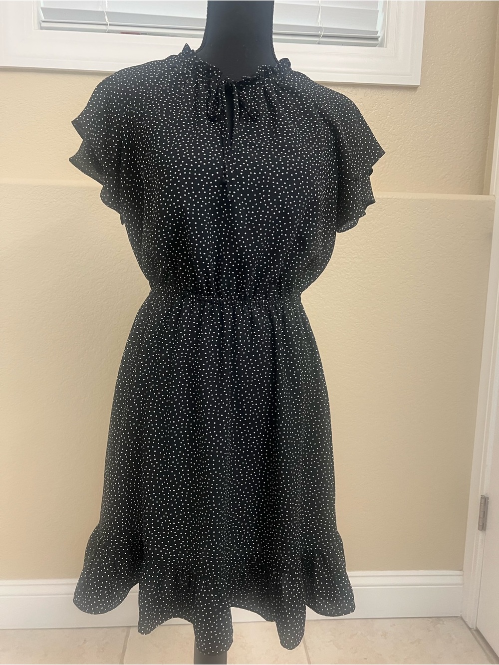 LC Lauren Conrad Black Polka Dot Midi Dress with Ruffle Sleeves